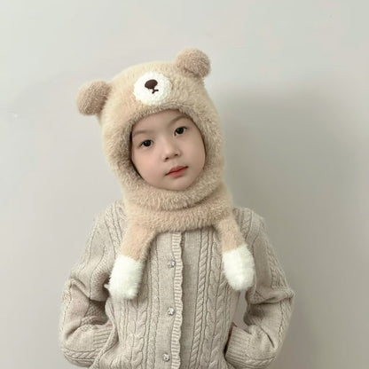 Kids Cartoon 3 in 1 Hat Scarf Gloves Set Winter Warm Fleece Stch Faux Fur Hoodie Full Hood Thick Thermal Scarves Gifts for Boys and Girls Kids (Beige)