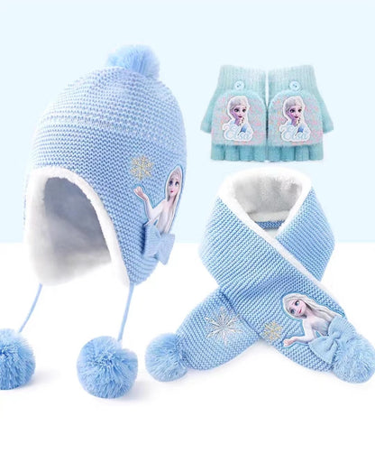 Kids Winter Beanie Hat Scarf for 2-10 Years Old Boys Girls.Outdoor Warm Fleece Lined Thermal Knit Fluffy Pom(Blue Elsa)
