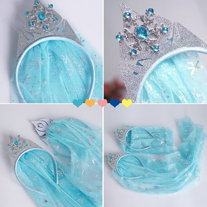 Kids Girls Toddlers Blue Elsa Ponytail Hair Extension Party Hair clips Snowflake Crown Headband Hairband Costume Dress up Braided Wigs (Elsa blue crown headband Ⅱ)