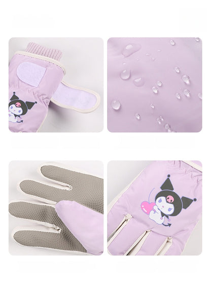 Kids Boy Girl Waterproof Winter Snow Ski Snowboard Fleece Thermal Warm Outdoor Gloves(Kuromi)