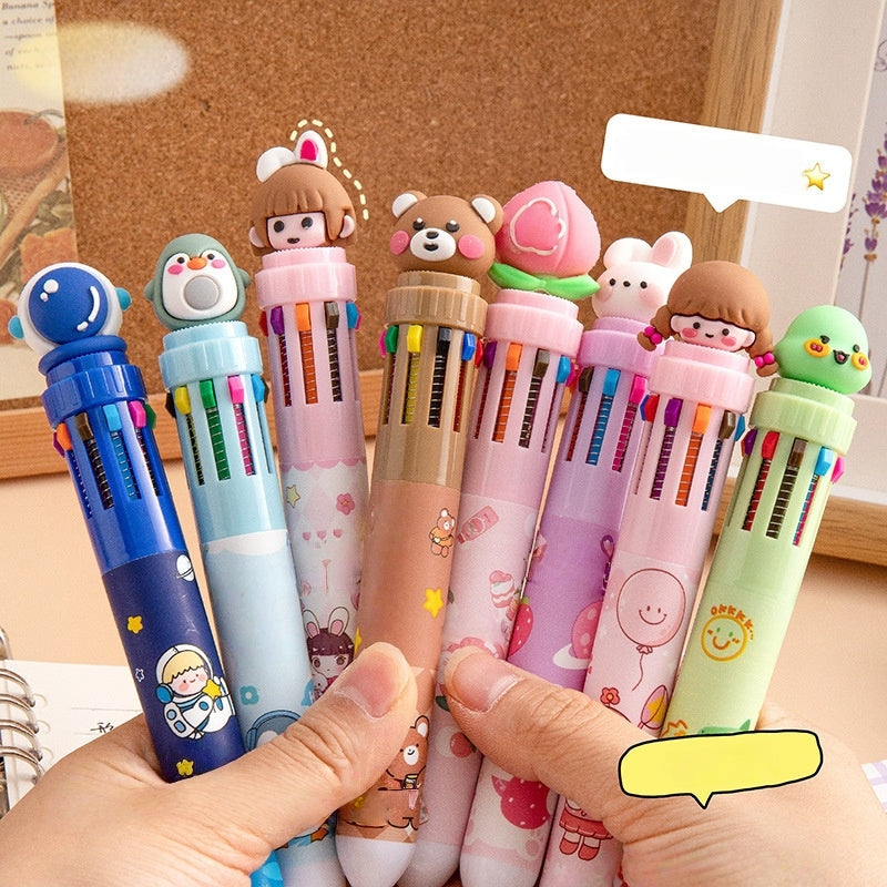 Multicolor teddy bear Pens 0.5mm 10-in-1 Retractable Ballpoint Pens 10 Colors Transparent Barrel Ballpoint Pen for Office Supplies and kids school(Panda)