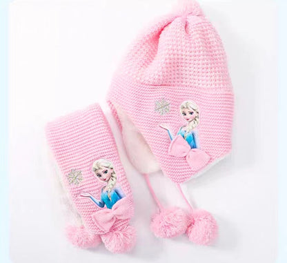 Kids Winter Beanie Hat Scarf for 2-10 Years Old Boys Girls.Outdoor Warm Fleece Lined Thermal Knit Fluffy Pom(Pink Elsa)