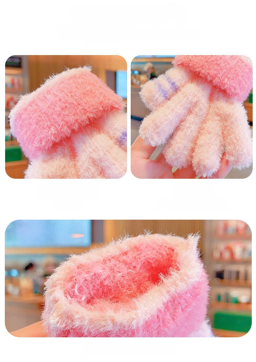 Full Finger Gloves Dinosaur Cat Capybara Winter Knit Warm Mittens Soft Lined Fleece Thermal Outdoor Stretchy Gloves for Kids boys girls (Bow)