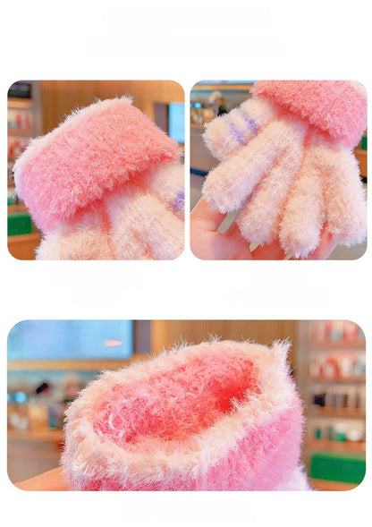 Full Finger Gloves Dinosaur Cat Capybara Winter Knit Warm Mittens Soft Lined Fleece Thermal Outdoor Stretchy Gloves for Kids boys girls (Bow)