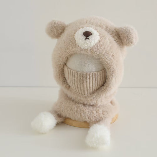 Kids Cartoon 3 in 1 Hat Scarf Gloves Set Winter Warm Fleece Stch Faux Fur Hoodie Full Hood Thick Thermal Scarves Gifts for Boys and Girls Kids (Beige)