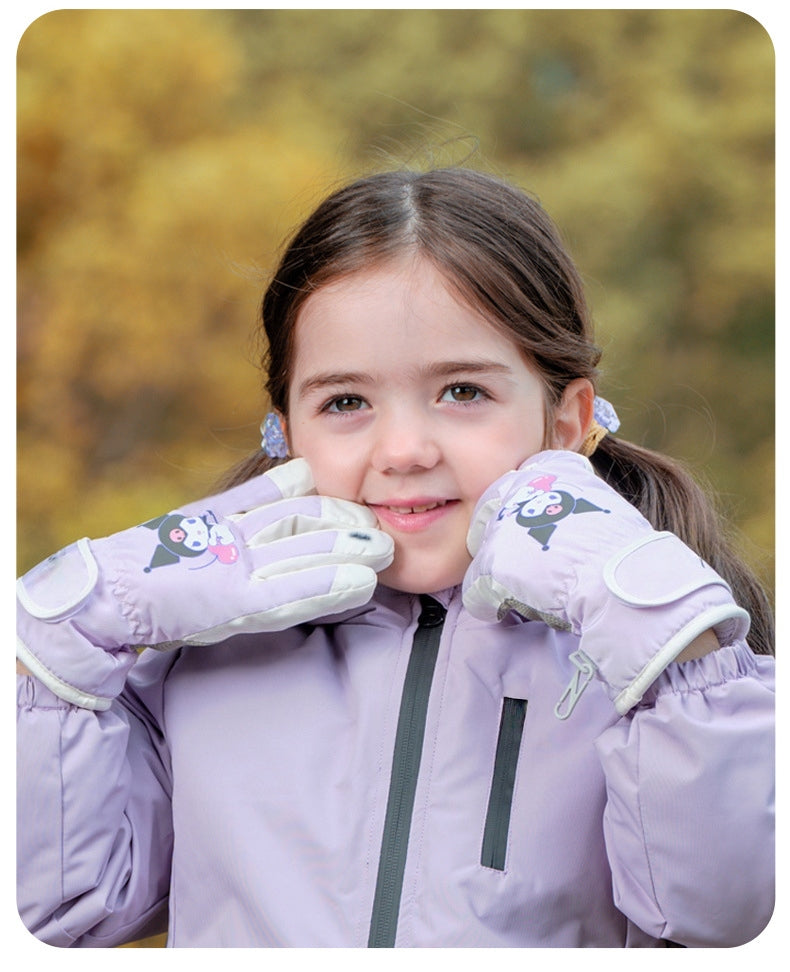 Kids Boy Girl Waterproof Winter Snow Ski Snowboard Fleece Thermal Warm Outdoor Gloves(Kuromi)