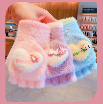 Fingerless Flap Cover Gloves Winter Knit Warm Mittens Soft Lined Fleece Thermal Outdoor Half Finger with Cover Convertible Flip Top for Kids boys girls (Pink Cat))