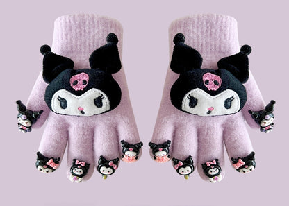 Full Finger Gloves Dinosaur Cat Capybara Winter Knit Warm Mittens Soft Lined Fleece Thermal Outdoor Stretchy Gloves for Kids boys girls (Hello kitty with a doll)