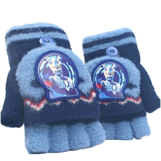 Fingerless Flap Cover Gloves Winter Knit Warm Mittens Soft Lined Fleece Thermal Outdoor Half Finger with Cover Convertible Flip Top for Kids boys girls (Ultraman)