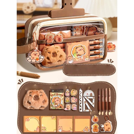 Capybara Stationery Set, Pencil Case with Stationary, Multi-Layer School Pencil Case, with Eraser, Ballpoint Pens, Sticker and More, school office supplier (Capybara)