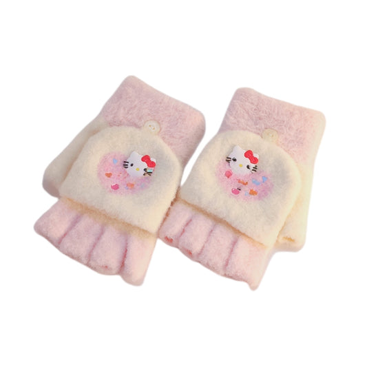 Fingerless Flap Cover Gloves Winter Knit Warm Mittens Soft Lined Fleece Thermal Outdoor Half Finger with Cover Convertible Flip Top for Kids boys girls (hello kitty)