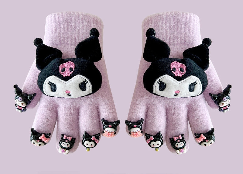 Full Finger Gloves Dinosaur Cat Capybara Winter Knit Warm Mittens Soft Lined Fleece Thermal Outdoor Stretchy Gloves for Kids boys girls (Cinnamoroll With A Doll, One Size)