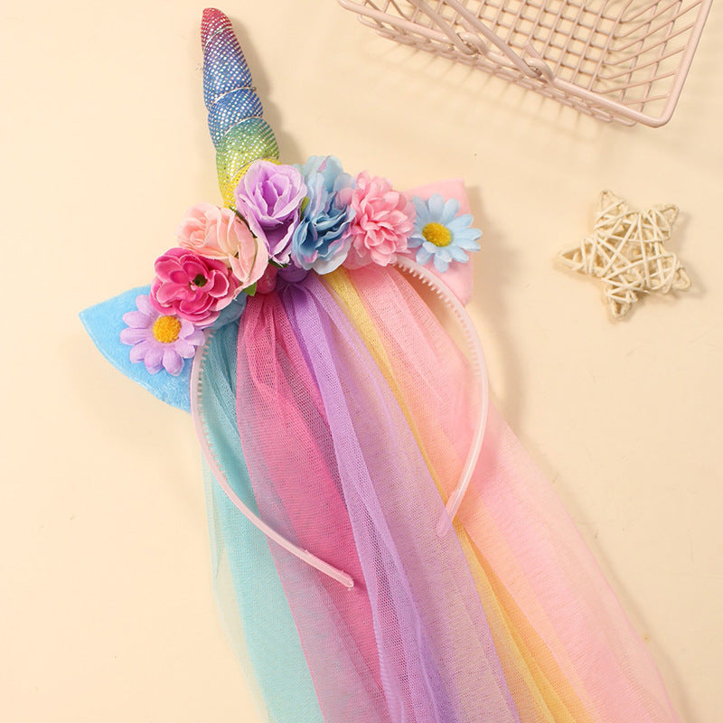 Unicorn Horn Floral Headband with Rainbow veil Ears Pony Head Bands Tiara for Girls Kids Headbands Party Birthday Cosplay Fancy costume (Blue Unicorn)