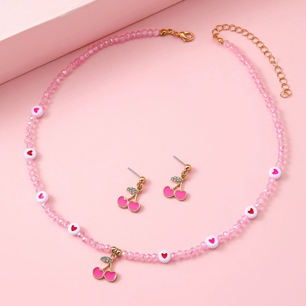 Jewellery Set for Girls Teenagers, Pink Cherry heart Necklace, and Stud Earrings - Kawaii Gifts for Girls Jewelry Favors Set Party Favors, Birthday Gift