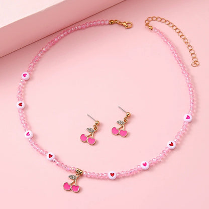 Jewellery Set for Girls Teenagers, Pink Cherry heart Necklace, and Stud Earrings - Kawaii Gifts for Girls Jewelry Favors Set Party Favors, Birthday Gift (Pink)