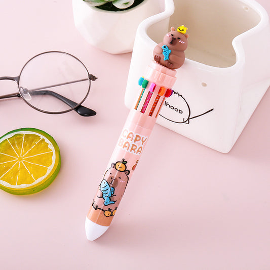 Multicolor teddy bear Pens 0.5mm 10-in-1 Retractable Ballpoint Pens 10 Colors Transparent Barrel Ballpoint Pen for Office Supplies and kids school (Capybara)