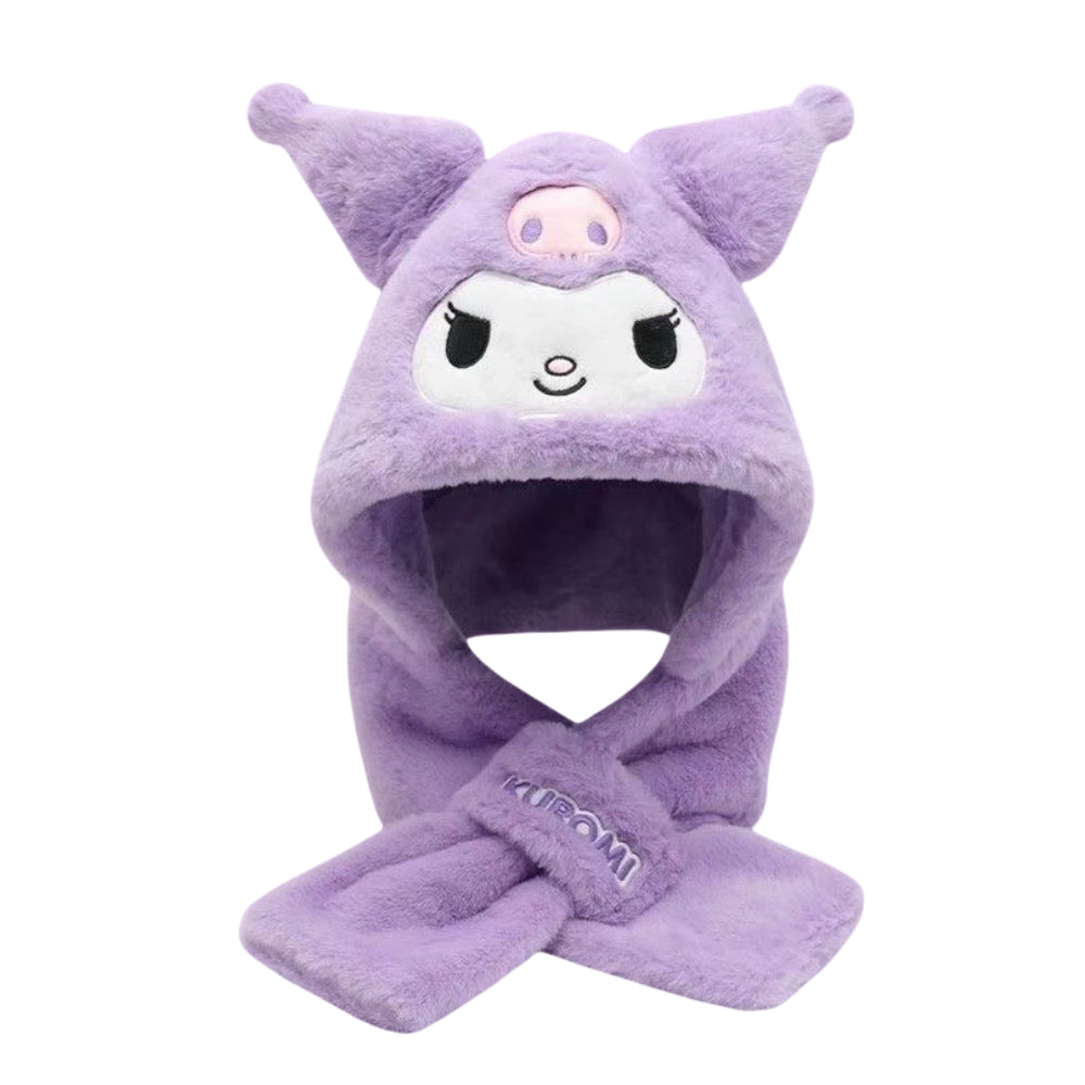 Kids Cartoon 3 in 1 Hat Scarf Gloves Set Winter Warm Fleece Stch Faux Fur Hoodie Full Hood Thick Thermal Scarves Gifts for Boys and Girls Kids( Kuromi 01)