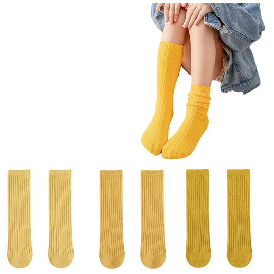 3 Pairs Back to School Kids Girls Knee High Plain School Uniform Colourful Cotton Rich Socks (Yelloow)