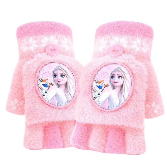 Fingerless Flap Cover Gloves Winter Knit Warm Mittens Soft Lined Fleece Thermal Outdoor Half Finger with Cover Convertible Flip Top for Kids boys girls (Pink Elsa 02)