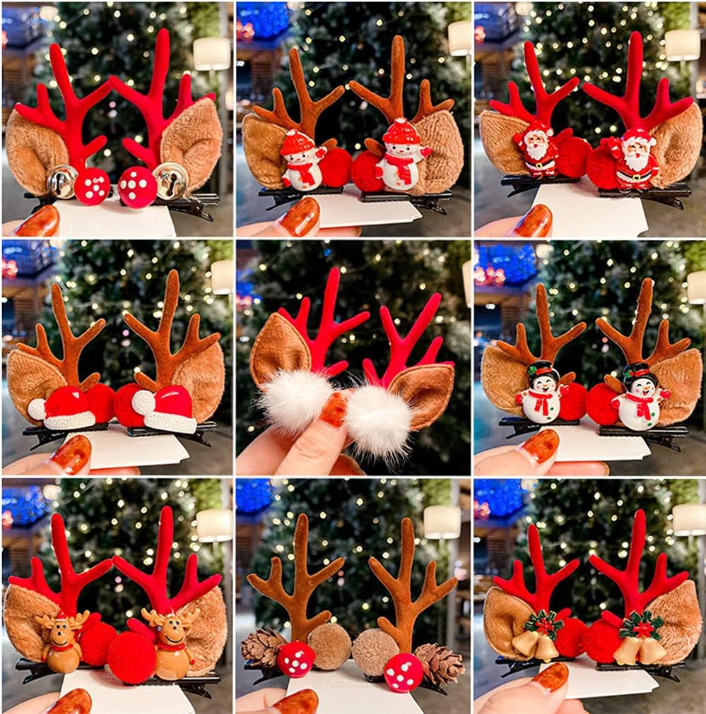 8PCS Christmas Xmas Party Santa Reindeer Snowman Pom Pom Bell Antler Kids Girls Toddlers Women Hair Clips Alligator Barrettes Hairpins Party