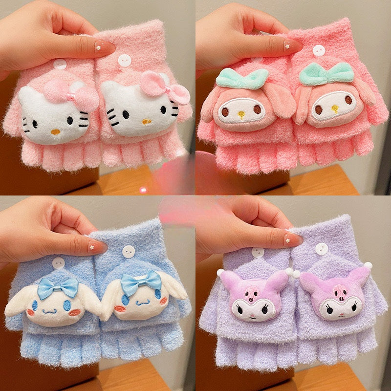 Fingerless Flap Cover Gloves Winter Knit Warm Mittens Soft Lined Fleece Thermal Outdoor Half Finger Gloves with Cover Convertible Flip Top for Kids