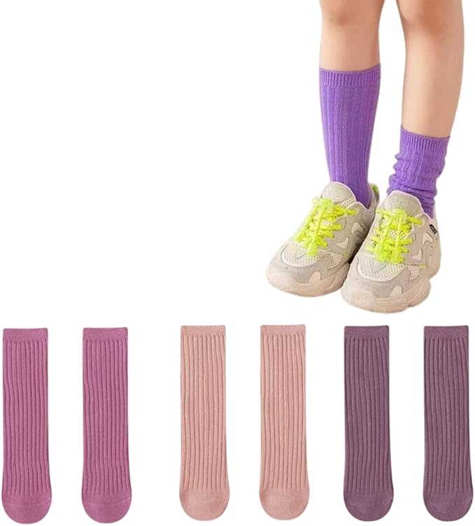 3 Pairs Back to School Kids Girls Knee High Plain School Uniform Colourful Cotton Rich Socks (Mix Purple)