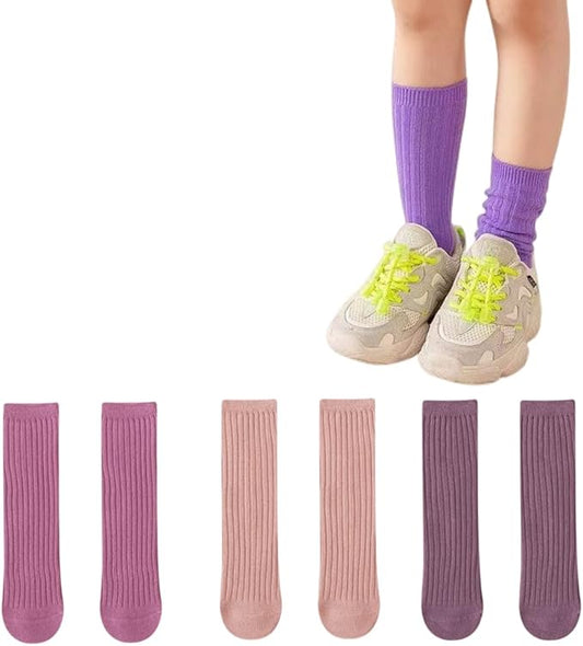 3 Pairs Back to School Kids Girls Knee High Plain School Uniform Colourful Cotton Rich Socks (Mix Purple)