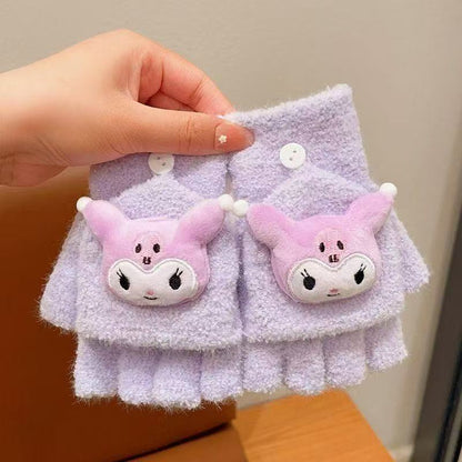Fingerless Flap Cover Gloves Winter Knit Warm Mittens Soft Lined Fleece Thermal Outdoor Half Finger with Cover Convertible Flip Top for Kids boys girls(3D Cinnamoroll)