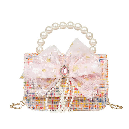 Shoulder Bag Girls Kids Children Handbags Portable Mini Coin Purse Messenger Crossbody Bag Princess Pearl Bow Mini Flip Bag Accessories Bags Gift Travel Holiday