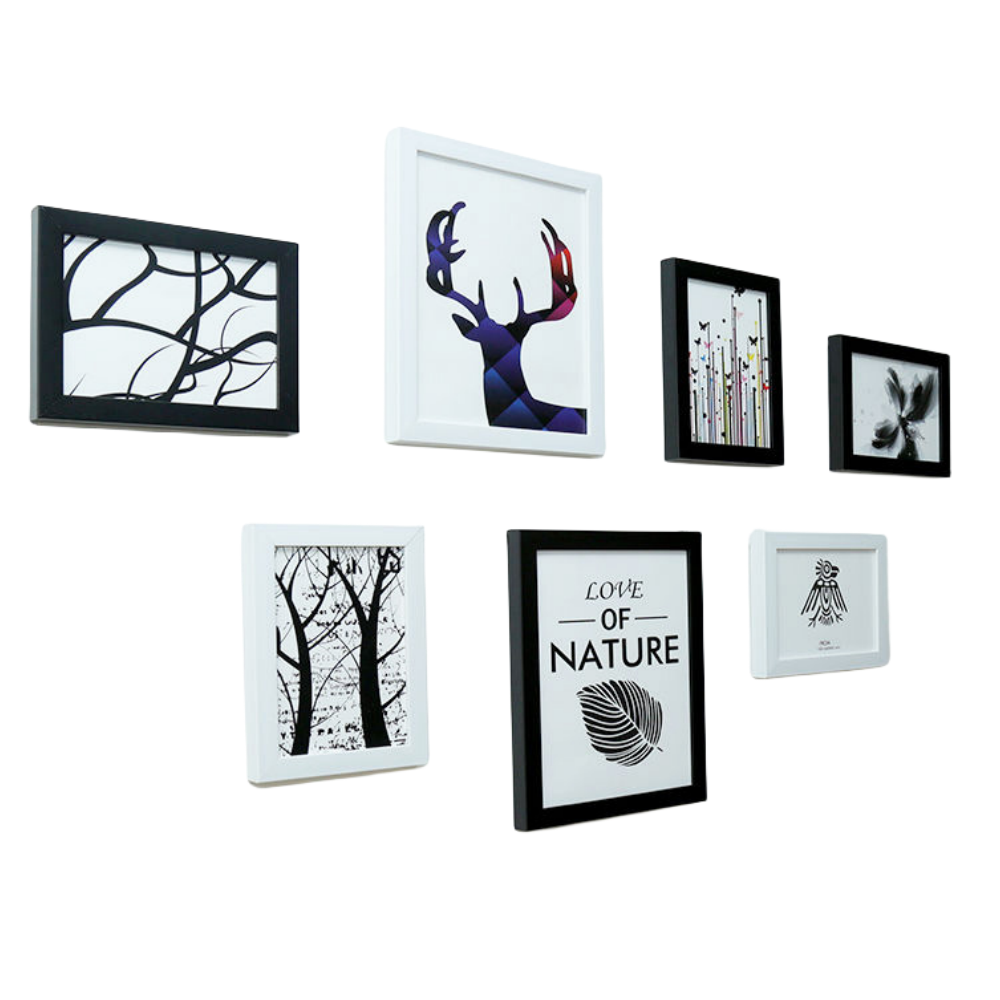Collage Picture Frames, Set of 7 Pieces Photo Wall Frame, Wood Collage Frames for Family Pictures, Stairs Creative Photo Wall Two 10x8 Five 7x5 (7PCS White+Black)