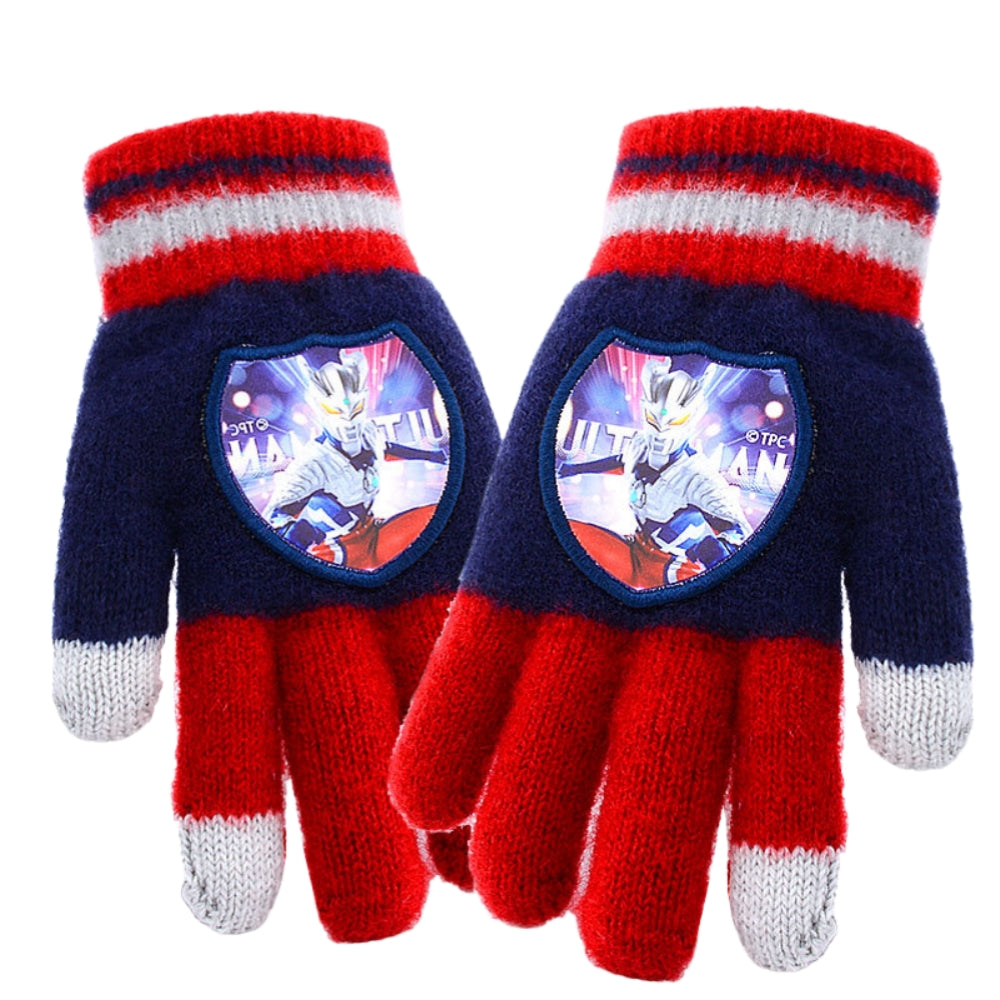 Full Finger Gloves Dinosaur Cat Capybara Winter Knit Warm Mittens Soft Lined Fleece Thermal Outdoor Stretchy Gloves for Kids boys girls (Blue Ultraman)