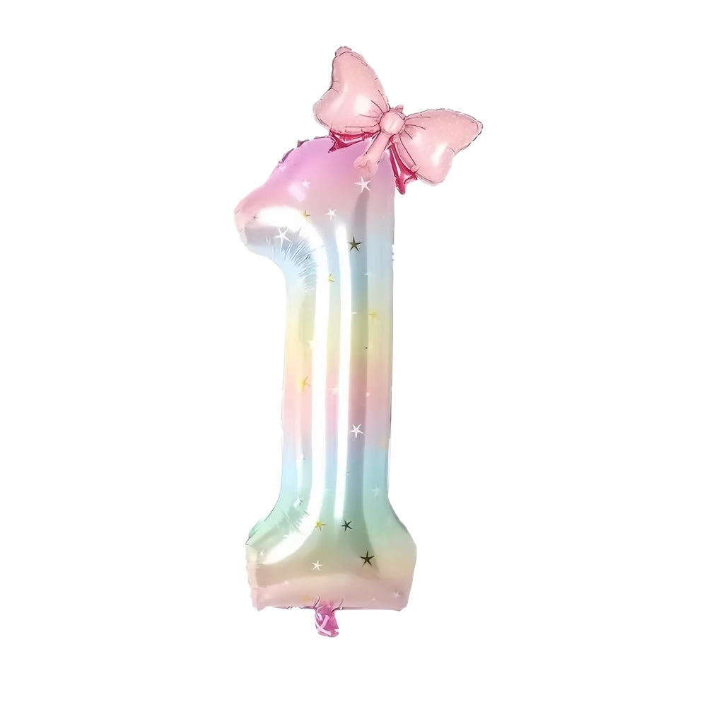 40'' Pink Number with Bow Balloon, Self Inflating Foil Light Pink Set 0-9, Pastel Pink Helium Balloon for Girls Birthday Party Decorations Anniversary Supplies (Rainbow, Number 7)