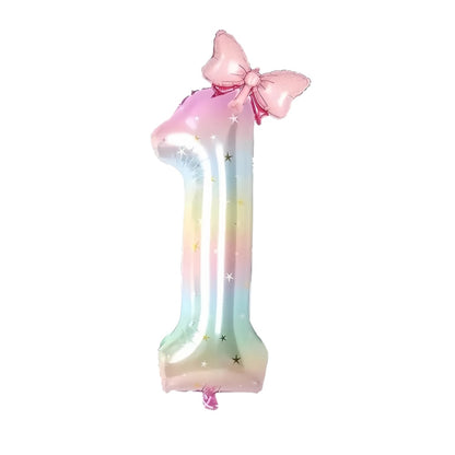 40'' Pink Number with Bow Balloon, Self Inflating Foil Light Pink Set 0-9, Pastel Pink Helium Balloon for Girls Birthday Party Decorations Anniversary Supplies (Rainbow, Number 7)