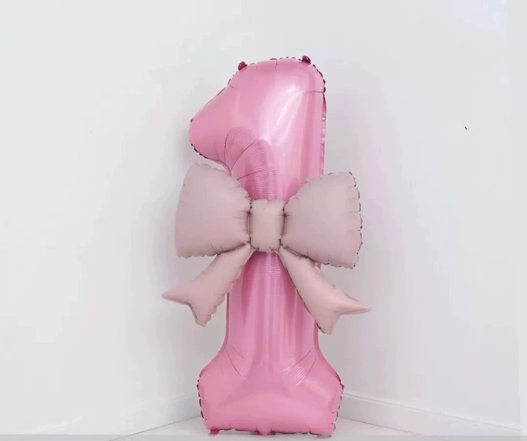 40'' Pink Number with Bow Balloon, Self Inflating Foil Light Pink Number Balloons Set 0-9, Pastel Pink Helium Balloon for Girls Birthday Party Decorations Anniversary Supplies (Pink, Number )