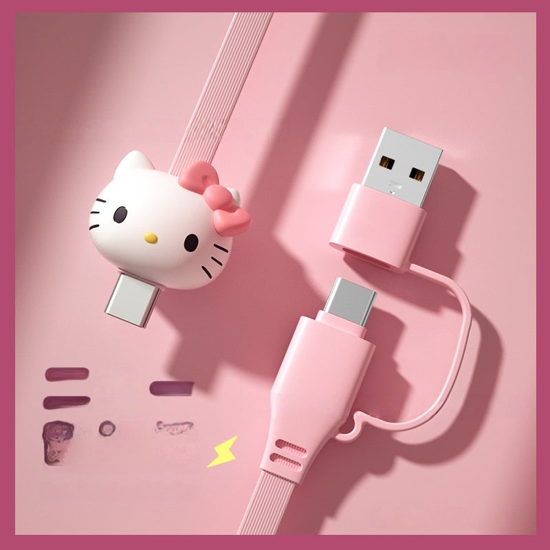 Cute Kitty Cartoon Charging Cable - Pink 2-in-1 Multi-Connector USB-C to USB-C/-C to C 3A USB Cable for Fast Charging, 1m Transfer Cable, USB-A Adaptor Included, Fast Charger Compatible