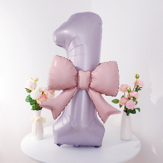 40'' Purple Number with Bow Balloon, Self Inflating Foil Light Pink Set 0-9, Pastel Pink Helium Balloon for Girls Birthday Party Decorations Anniversary Supplies (Purple, Number 1)