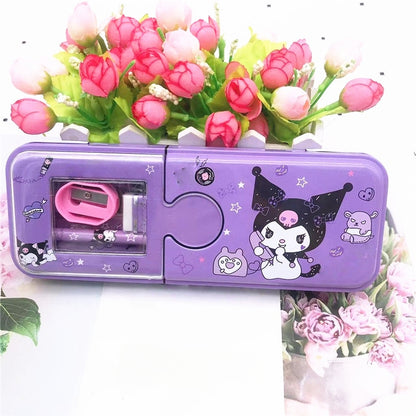 Cartoon Pencil Box with Sharpener & Eraser - Double Layer Metal Purple Pencil Box, Ideal for School & Birthday Gifts, Cartoon Pencil Childeren's Day Birthday Gift