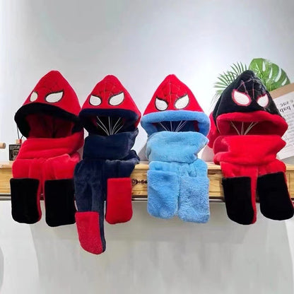 Kids Cartoon 3 in 1 Hat Scarf Gloves Set Winter Warm Fleece Faux Fur Hoodie Full Hood Thick Thermal Scarves Gifts for Boys and Girls Kids