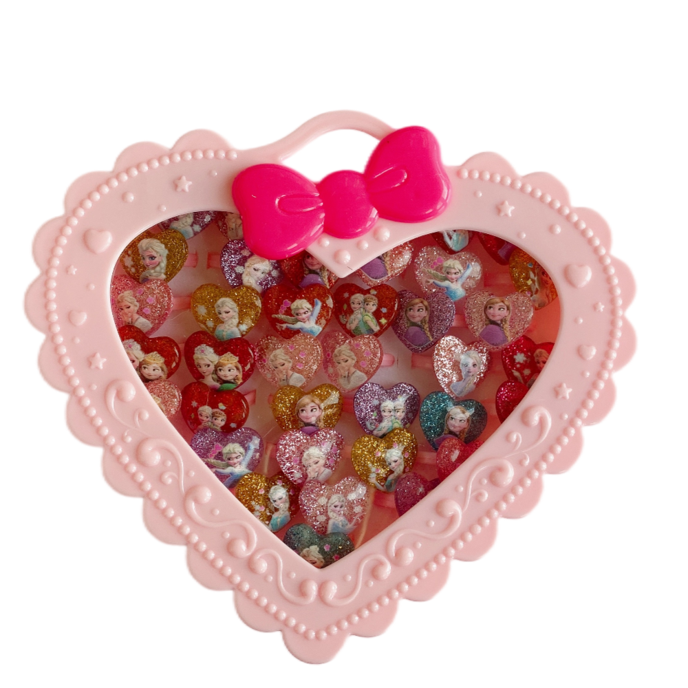 20Pcs Adjustable Princess pink Jewelry Girl Kids elsa Cartoon Plastic Rings Gift Set with Heart Shape Box