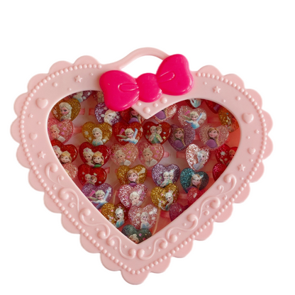20Pcs Adjustable Princess pink Jewelry Girl Kids elsa Cartoon Plastic Rings Gift Set with Heart Shape Box