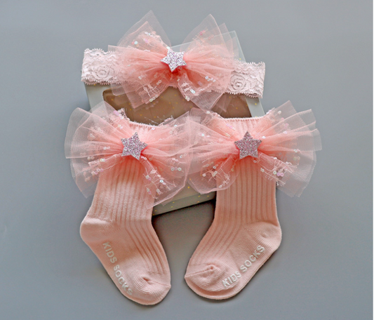 3PCS Baby Crown Lace Tutu Flower Socks Princess Party Newborn Toddler Ankle Socks Hair Headband Gift Set in Box (B)