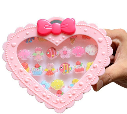 20Pcs Adjustable Princess pink Jewelry Girl Kids elsa Cartoon Plastic Rings Gift Set with Heart Shape Box