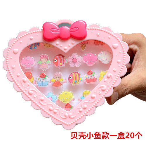 20Pcs Adjustable Princess pink Jewelry Girl Kids elsa Cartoon Plastic Rings Gift Set with Heart Shape Box