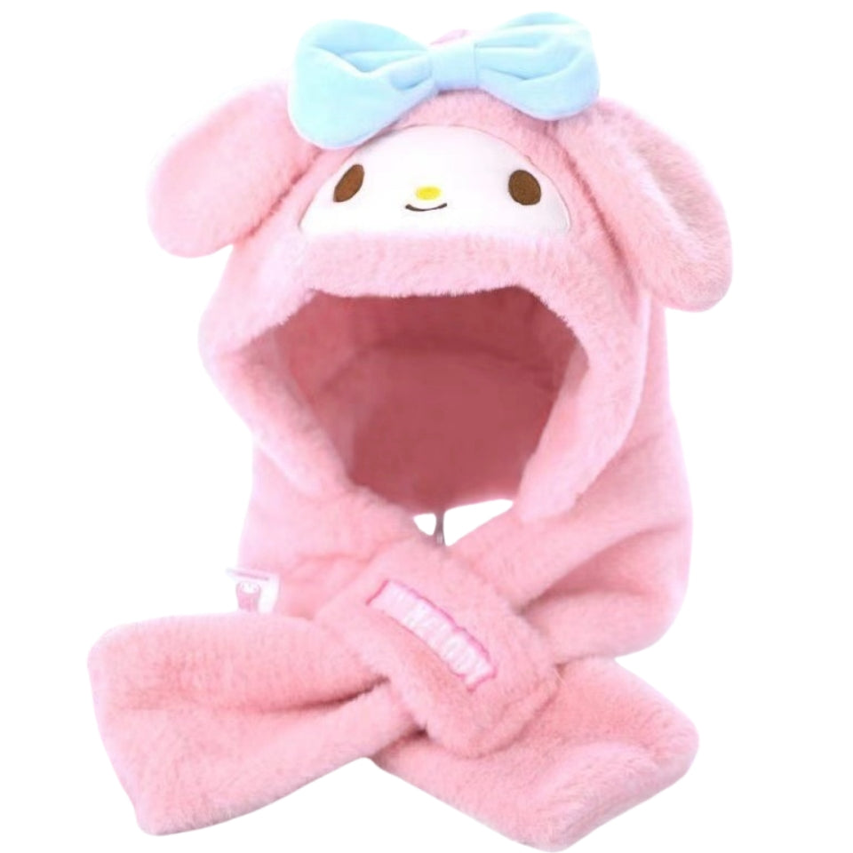 Kids Cartoon 3 in 1 Hat Scarf Gloves Set Winter Warm Fleece Stch Faux Fur Hoodie Full Hood Thick Thermal Scarves Gifts for Boys and Girls Kids(Cinnamoroll 01)