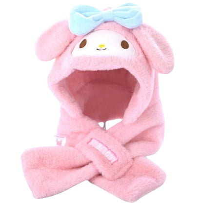 Kids Cartoon 3 in 1 Hat Scarf Gloves Set Winter Warm Fleece Stch Faux Fur Hoodie Full Hood Thick Thermal Scarves Gifts for Boys and Girls Kids(Cinnamoroll 01)