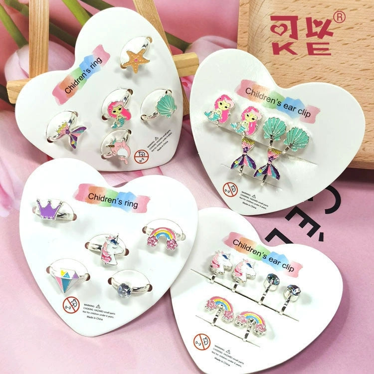 5pcs Adjustable Girls Rings Set Toys, Unicorn Finger Rings Princess Mermaid Rainbow Dress up for Children Kids Little Girls