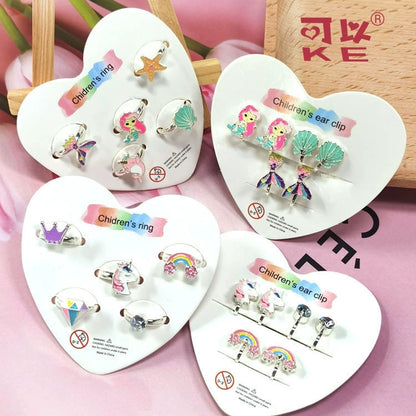 5pcs Adjustable Girls Rings Set Toys, Unicorn Finger Rings Princess Mermaid Rainbow Dress up for Children Kids Little Girls