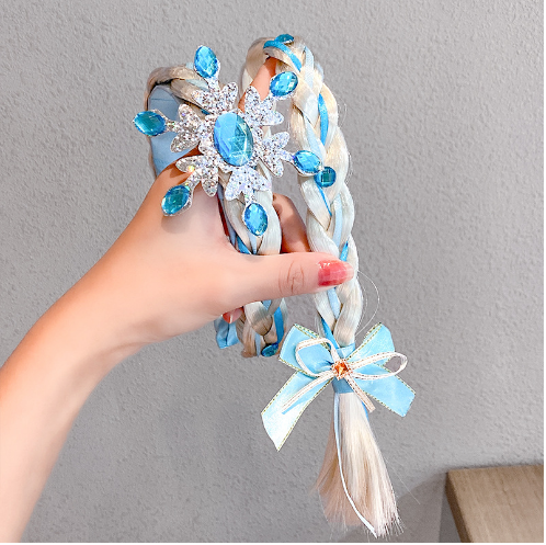 Kids Girls Toddlers Blue Frozen Elsa Ponytail Hair Extension Party Hair clips Snowflake Crown Headband Hairband Costume Dress up Braided Wigs