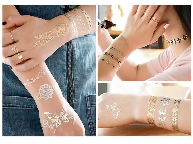 9 Sheets Women Men Gold Fashion Metallic Temporary Tattoos Waterproof Stickers Festival Fake Jewelry Tattoos Body Art