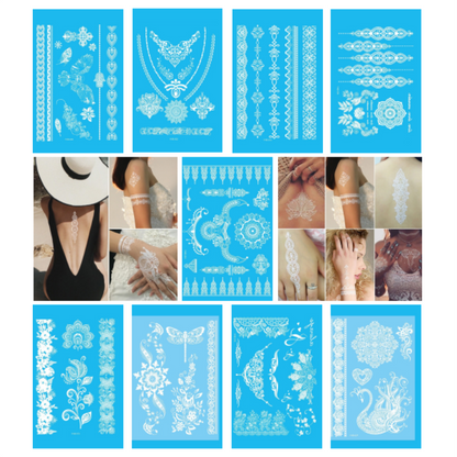 9 Sheets Women Men Gold Fashion Metallic Temporary Tattoos Waterproof Stickers Festival Fake Jewelry Tattoos Body Art